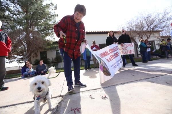 Sharon Meleo holds Zoro‘s leash at a rally at the Boulder City Police Department to demand a case of animal cruelty against former Animal Control Supervisor Mary Jo Frazier be sent to the C ...