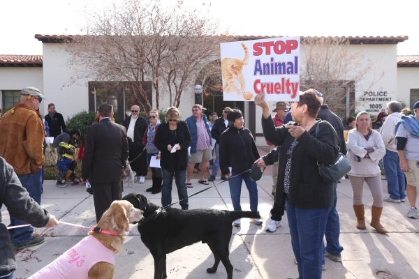 People rally at the Boulder City Police Department to demand a case of animal cruelty against former Animal Control Supervisor Mary Jo Frazier be sent to the Clark County District Attorney‘s ...