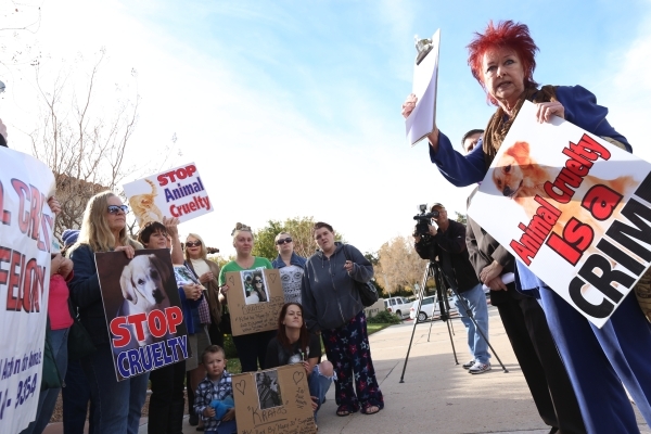 Stacia Newman, president of the Nevada Political Action for Animals, speaks at a rally at the Boulder City Police Department to demand a case of animal cruelty against former Animal Control Superv ...