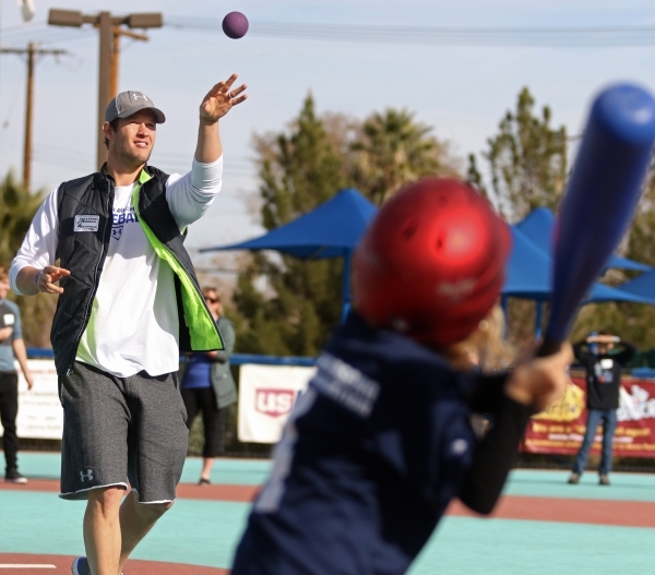 Los Angeles Dodgers‘ Clayton Kershaw, left, pitches to Abby during a Miracle League of Las Vegas baseball game Saturday, Dec. 5, 2015, in Las Vegas. Kershaw, a 2014 National League Most Valu ...
