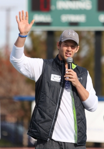 Los Angeles Dodgers‘ Clayton Kershaw speaks to players and volunteers before pitching at a Miracle League of Las Vegas baseball game Saturday, Dec. 5, 2015, in Las Vegas. Kershaw, a 2014 Nat ...