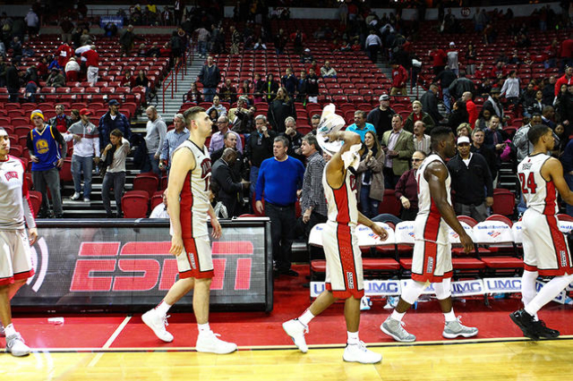 UNLV players walk off the court after losing to Arizona State 66-56 in a basketball game at the Thomas & Mack Center in Las Vegas on Wednesday, Dec. 16, 2015. Chase Stevens/Las Vegas Review-Jo ...