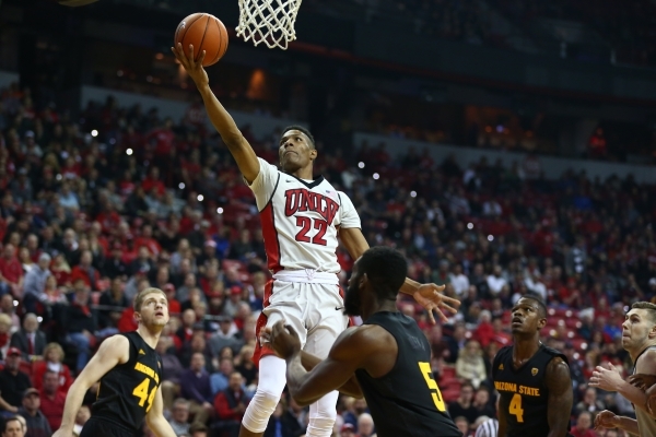 UNLV guard Patrick McCaw (22) goes in for a layup against Arizona State during a basketball game at the Thomas & Mack Center in Las Vegas on Wednesday, Dec. 16, 2015. Chase Stevens/Las Vegas R ...