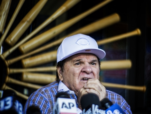 Major League Baseball all-time hits leader Pete Rose sits during a press conference outside Pete Rose Sports Bar and Grill, 3743 S Las Vegas Boulevard, on Tuesday, Dec. 15, 2015. MLB commissioner  ...