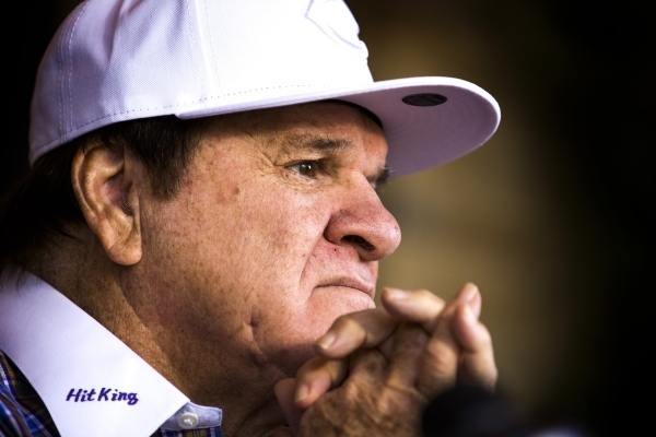 Major League Baseball all-time hits leader Pete Rose sits during a press conference outside Pete Rose Sports Bar and Grill, 3743 S Las Vegas Boulevard, on Tuesday, Dec. 15, 2015. MLB commissioner  ...