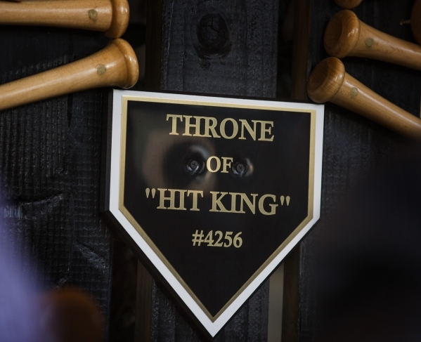 A display honor Major League Baseball all hits leader Pete Rose is seen outside Pete Rose Sports Bar and Grill, 3743 S Las Vegas Boulevard, on Tuesday, Dec. 15, 2015. MLB commissioner Rob Manfred ...