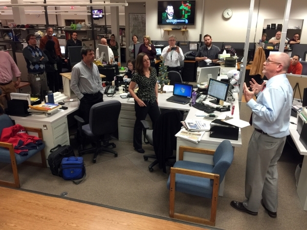 Las Vegas Review-Journal Editor Mike Hengel, right, announces to the newsroom staff Tuesday, Dec. 22, 2015, that he has accepted a buyout, and will be leaving the newspaper. K.M. Cannon/Las Vegas  ...