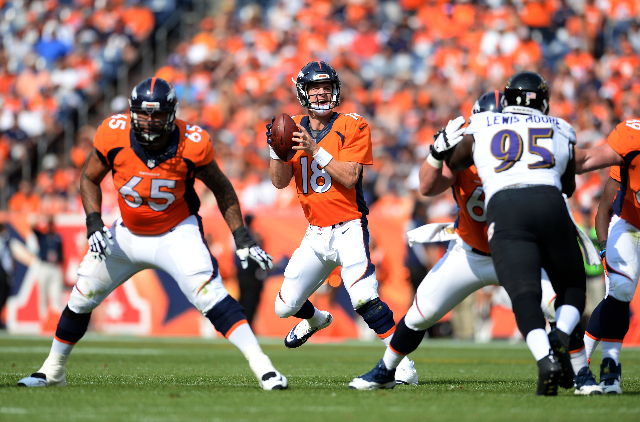 Sep 13, 2015; Denver, CO, USA; Denver Broncos quarterback Peyton Manning (18) looks to pass in the second quarter against the Baltimore Ravens at Sports Authority Field at Mile High. (Ron Chenoy/U ...