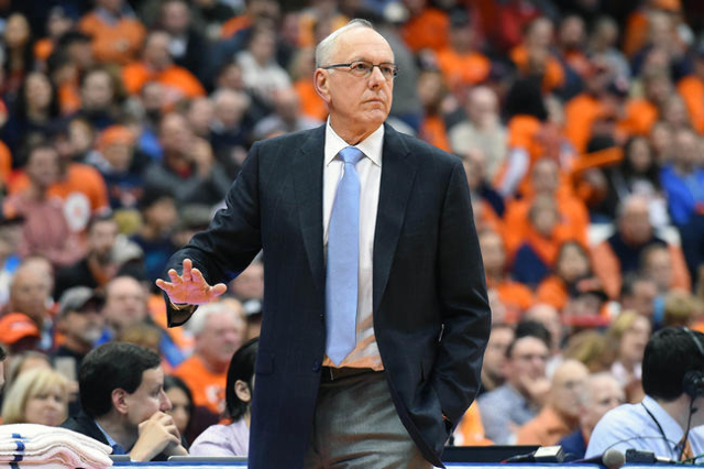 Nov 13, 2015; Syracuse, NY, USA; Syracuse Orange head coach Jim Boeheim reacts against the Lehigh Mountain Hawks during the second half at the Carrier Dome. Syracuse defeated Lehigh 57-47. (Rich ...