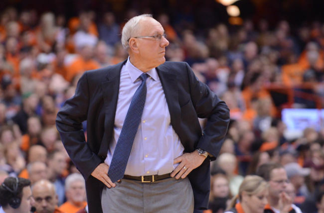 Nov 21, 2015; Syracuse, NY, USA; Syracuse Orange head coach Jim Boeheim watches the play on the court during the second half of a game against the Elon Phoenix at the Carrier Dome. Syracuse won 66 ...