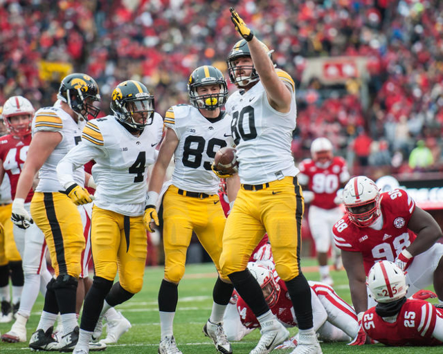Nov 27, 2015; Lincoln, NE, USA; Iowa Hawkeyes tight end Henry Krieger Coble (80) celebrates during the first half against the Nebraska Cornhuskers at Memorial Stadium. (Jeffrey Becker/USA Today Sp ...