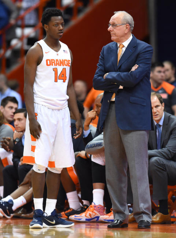 Dec 2, 2015; Syracuse, NY, USA; Syracuse Orange guard Kaleb Joseph (14) talks with head coach Jim Boeheim during overtime against the Wisconsin Badgers at the Carrier Dome. Wisconsin defeated Syr ...
