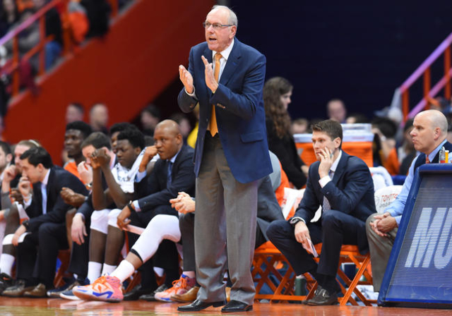 Dec 2, 2015; Syracuse, NY, USA; Syracuse Orange head coach Jim Boeheim reacts to a play against the Wisconsin Badgers during the second half at the Carrier Dome. Wisconsin defeated Syracuse 66-58 ...