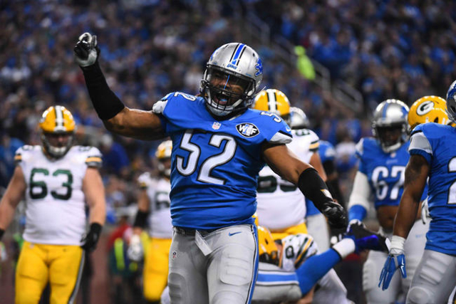 Dec 3, 2015; Detroit, MI, USA; Detroit Lions defensive end Darryl Tapp (52) celebrates during the first quarter against the Green Bay Packers at Ford Field. Mandatory Credit: Tim Fuller-USA TODAY ...