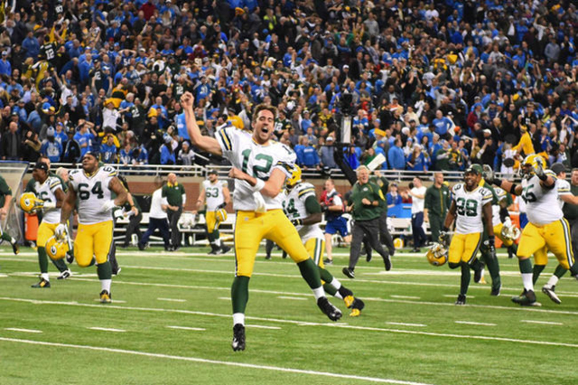 Dec 3, 2015; Detroit, MI, USA; Green Bay Packers quarterback Aaron Rodgers (12) celebrates after defeating the Detroit Lions at Ford Field. Green Bay won 27-23. Mandatory Credit: Tim Fuller-USA TO ...