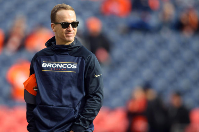 Dec 13, 2015; Denver, CO, USA; Denver Broncos quarterback Peyton Manning (18) before the game between the Denver Broncos and the Oakland Raiders at Sports Authority Field at Mile High. (Chris Hump ...