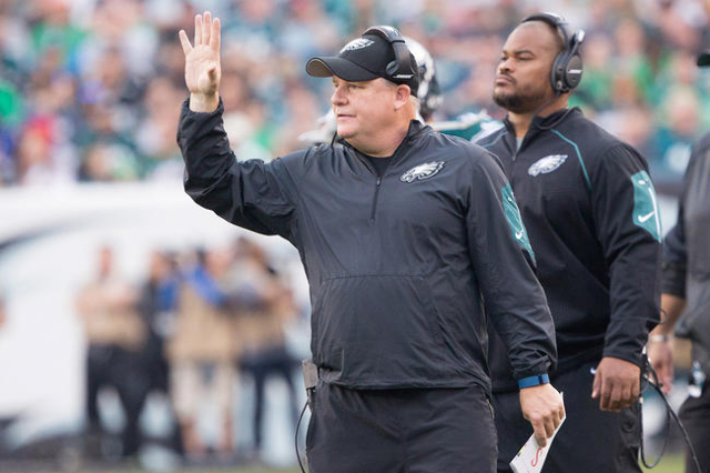 Dec 13, 2015; Philadelphia, PA, USA; Philadelphia Eagles head coach Chip Kelly (C) gestures from the sidelines during the second half against the Buffalo Bills at Lincoln Financial Field. The Eagl ...