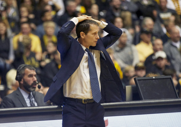 Dec 22, 2015; Wichita, KS, USA; Nevada Wolf Pack head coach Eric Musselman reacts to a call at Charles Koch Arena. (Gary Rohman/USA Today Sports)