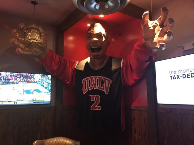 Khem Kong, a 20-foot recreation of former UNLV Rebel Khem Birch, is displayed Wednesday at PKWY Tavern, 9820 W. Flamingo Rd. Tavern owner Jonathan Fine brought the 3D recreation to his restaurant  ...