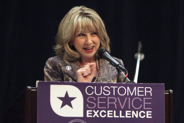 Kristin McMillan, president and ceo of the Las Vegas Metro Chamber of Commerce, makes comments at the Customer Service Excellence Awards luncheon at the Orleans hotel-casino in Las Vegas, Friday,  ...