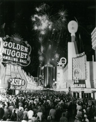 Fireworks take off from the Plaza hotel in downtown Las Vegas in this 1983 photo. (Las Vegas News Bureau)