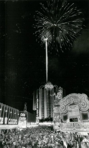 Fireworks is shown from the Plaza hotel on Fremont Street in this 1986 photo. (Russel Yip/Las Vegas Review-Journal)