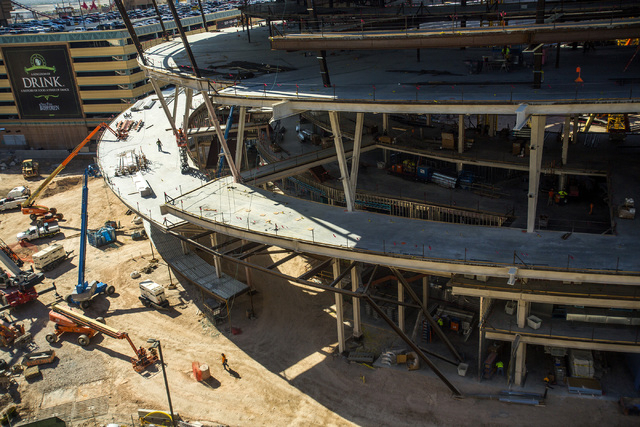 Construction at the MGM Resorts International-AEG arena construction site behind New York-New York casino-hotel is seen Monday, March 30, 2015. The $375 million arena is scheduled to open in April ...