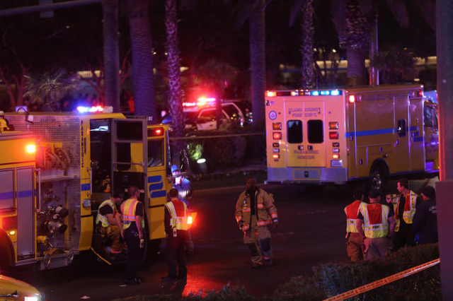 Police investigate the scene of a crash on the Strip in Las Vegas that left one person dead and 37 injured after a car plowed into a group of pedestrians Sunday, Dec. 20, 2015. (Rachel Aston/Las V ...