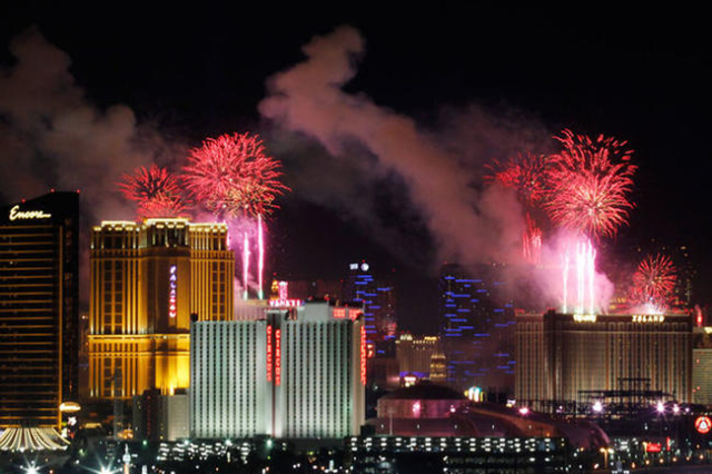 Fireworks explode over the Las Vegas strip during the New Year‘s celebration on Jan. 1, 2014. (Jason Bean/Las Vegas Review-Journal)
