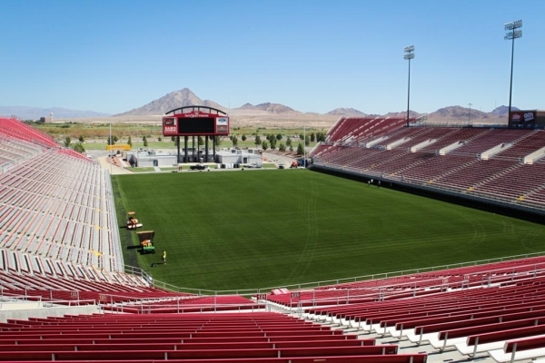 New astroturf is seen at the Sam Boyd Stadium on Thursday, July 23 2015. The Sam Boyd stadium got new turf and widened the field to better accommodate rugby and soccer. (James Tensuan/Las Vegas Re ...