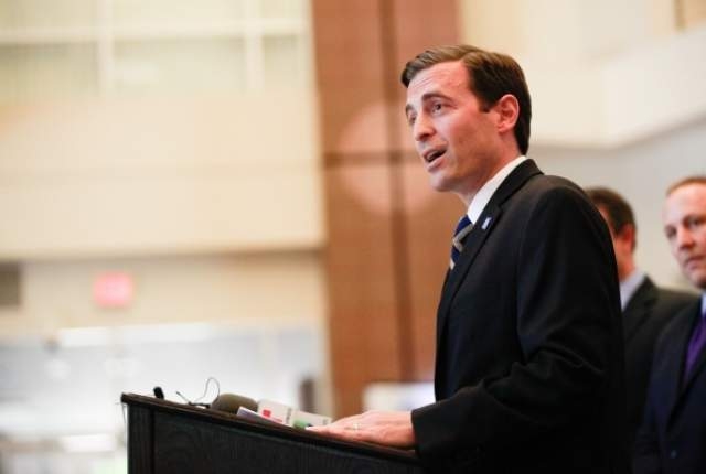 Nevada Attorney General Adam Laxalt speaks with news media at the Sawyer Building in Las Vegas on Tuesday, April 28, 2015. (Chase Stevens/Las Vegas Review-Journal)