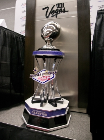 The trophy for the Royal Purple Las Vegas Bowl is seen during a press conference for the inside the Las Vegas Convention Center in Las Vegas on Friday, Dec. 18, 2015. (Daniel Clark/Las Vegas Revie ...