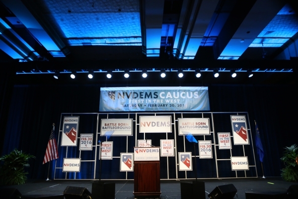 The stage is seen before the start of the program for the Battle Born/Battleground First in the West Caucus Dinner at the MGM Grand Conference Center on Wednesday, Jan. 6, 2016, in Las Vegas. Erik ...