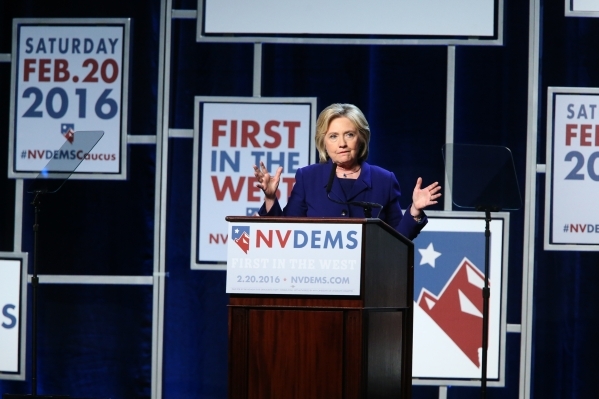 Democratic presidential candidate Hillary Clinton speaks during the Battle Born/Battleground First in the West Caucus Dinner at the MGM Grand Conference Center on Wednesday, Jan. 6, 2016, in Las V ...