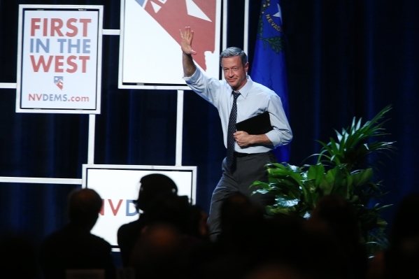 Democratic presidential candidate Martin O‘Malley takes the stage for his speech during the Battle Born/Battleground First in the West Caucus Dinner at the MGM Grand Conference Center on Wed ...