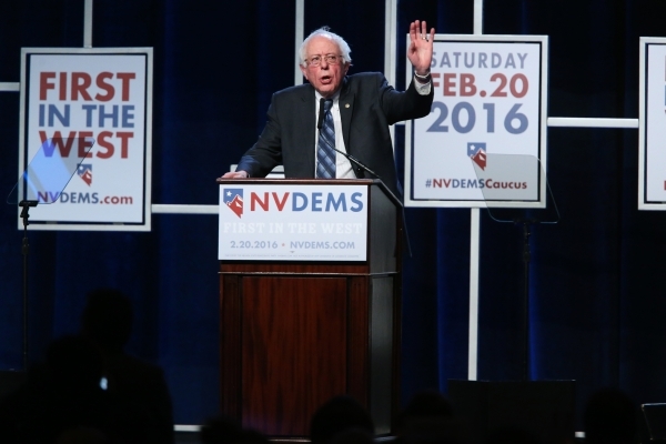 Democratic presidential candidate Bernie Sanders speaks during the Battle Born/Battleground First in the West Caucus Dinner at the MGM Grand Conference Center on Wednesday, Jan. 6, 2016, in Las Ve ...