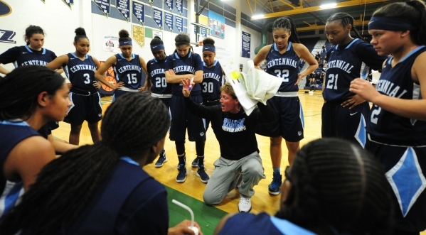 Centennial head girls basketball coach Karen Weitz is seen during a timeout against Spring Valley in the second quarter of their prep girl‘s basketball game at Spring Valley High School in L ...