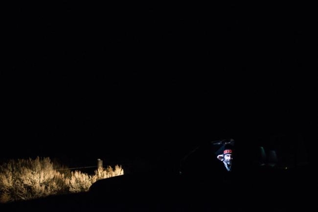 Anti-government protesters talk by the entrance of Malheur National Wildlife Refuge, which they are currently occupying, near Burns, Ore. on Sunday, Jan. 3, 2016. (Chase Stevens/Las Vegas Review-J ...
