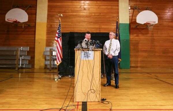 Harney County Sheriff Dave Ward, left, speaks during a news conference as Judge Steven Grast looks on, at Lincoln Junior High School in Burns, Ore. on Monday, Jan. 4, 2016. Law enforcement has set ...