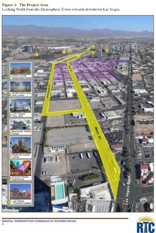 This map in a Regional Transportation Commission of Southern Nevada application for federal money shows the Main Street and Commerce Street couplet, as traffic will flow north on Main Street and t ...