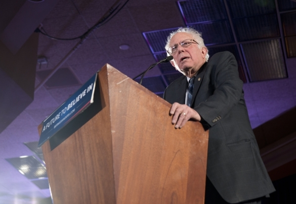 Democratic presidential candidate Sen. Bernie Sanders, I-Vt., speaks to the crowd during the "Future to Believe In" rally supporting Sanders inside the Tropicana hotel-casino in Las Vega ...