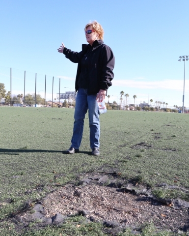 Clark County Parks & Recreation Department Assistant Director, Mindy Meyers, speaks standing next to damaged artificial turf soccer field at 5800 Surrey Street, Near Russell Road between Maryl ...