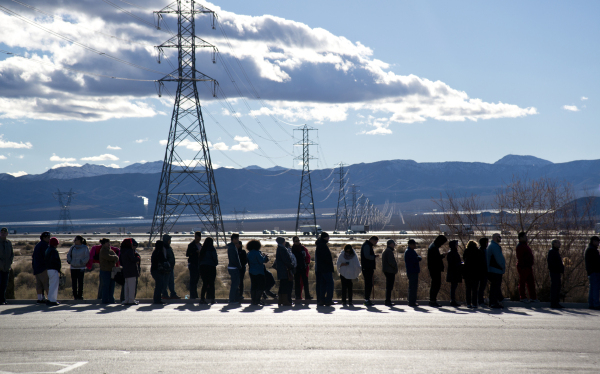 Hundreds wait in a line outside the Primm Valley Lotto Store just over the California border near Primm, Nev. on Friday, Jan. 8, 2016. The Powerball jackpot is currently estimated at over $800 mil ...