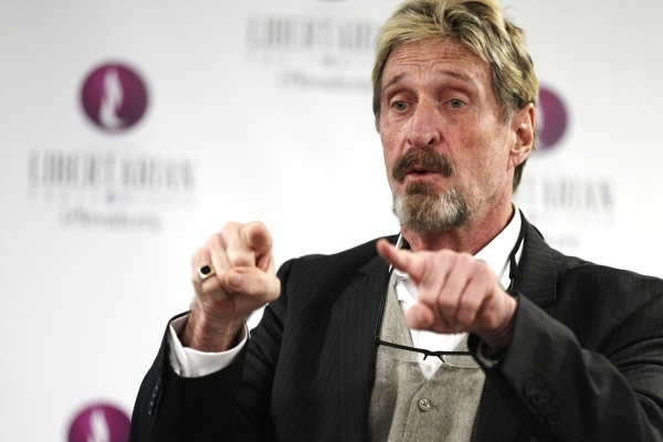John McAfee, computer programmer and developer running for the Libertarian Party nomination for president, speaks during a press conference at the Libertarian Party of Nevada Headquarters on Frida ...