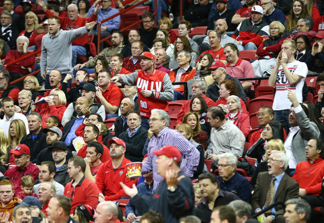 UNLV fans react as the team plays New Mexico during a basketball game at the Thomas & Mack Center in Las Vegas on Tuesday, Jan. 12, 2016. UNLV won 86-74. Chase Stevens/Las Vegas Review-Journal ...