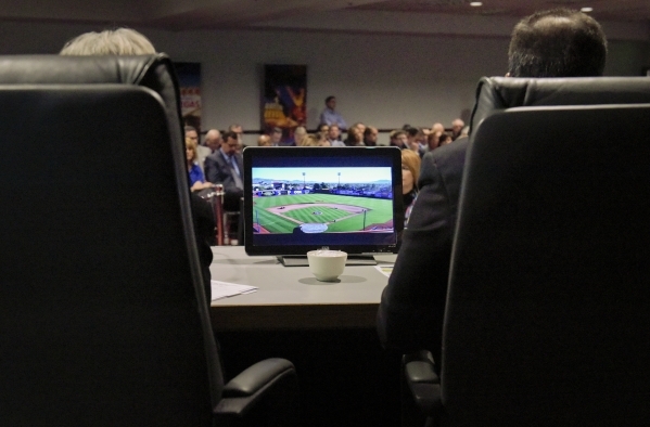 An image of Cashman Field appears on board member‘s video screens as they hear a presentation on the future of the Cashman facilities during the regular meeting of the Las Vegas Convention a ...