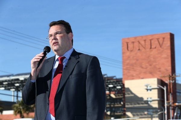 David Frommer, executive director of planning and construction at UNLV, speaks during the groundbreaking ceremony for the University Gateway project at the intersection of South Maryland Parkway a ...
