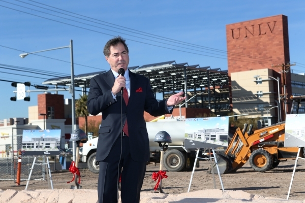 UNLV president Len Jessup speaks during the groundbreaking ceremony for the University Gateway project at the intersection of South Maryland Parkway and Dorothy Avenue on Tuesday, Jan. 12, 2016, i ...