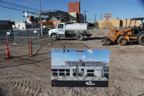 The future site of the University Gateway project at the intersection of South Maryland Parkway and Dorothy Avenue is seen during the groundbreaking ceremony on Tuesday, Jan. 12, 2016, in Las Vega ...