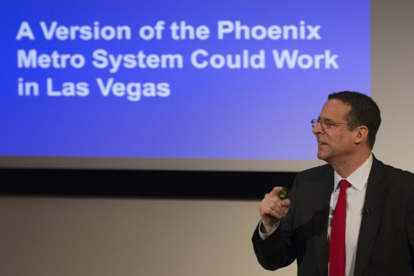 Robert E. Lang, UNLV director with Brookings Mountain West, speaks during a community forum about bringing light rail to The Las Vegas Valley at UNLV‘s Greenspun Hall Auditorium in Las Vegas ...